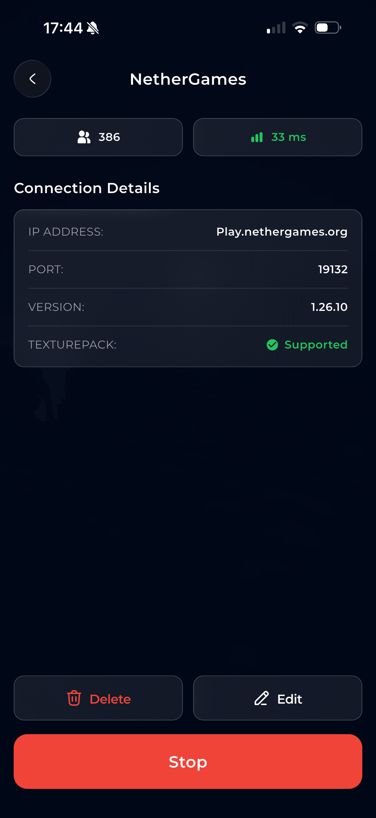 Server running with Stop button